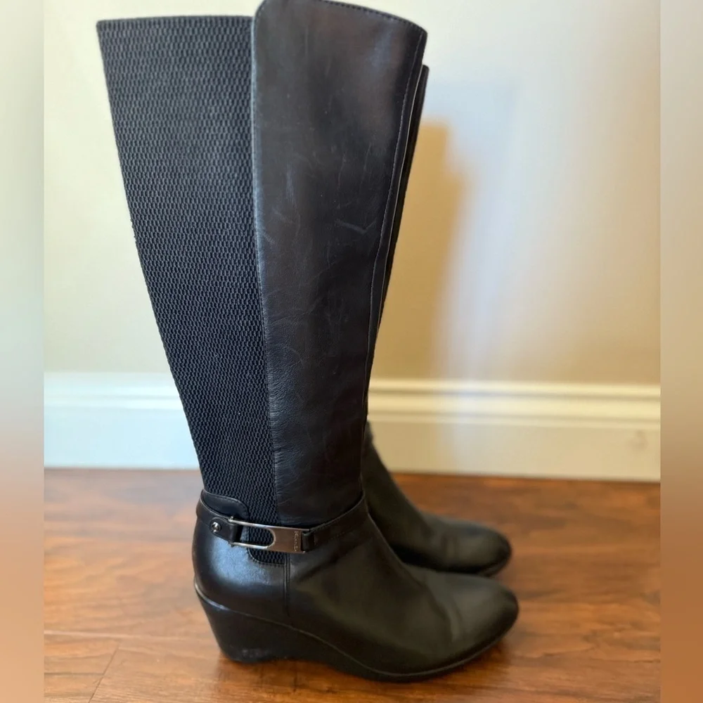 Blondo Laina Black Leather Wedge Knee-High Waterproof Boots-Size8